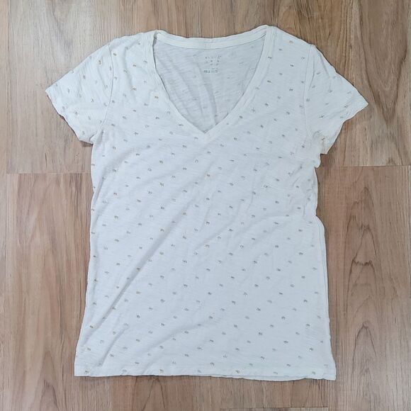 💜A New Day Cream w/Gold & Silver Metallic Polka Dots Short Sleeve Top Small - Picture 1 of 8